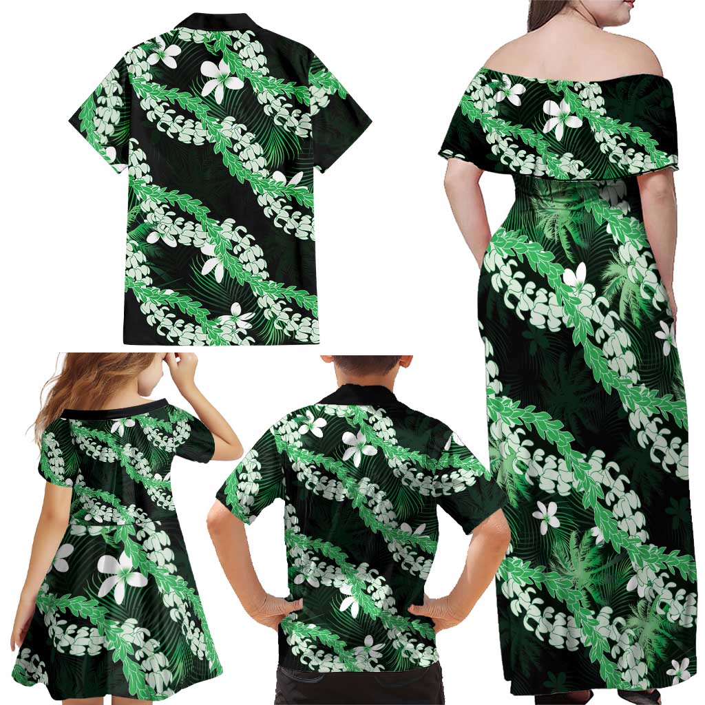 Puakenikeni Maile Lei Family Matching Off Shoulder Maxi Dress and Hawaiian Shirt Frangipani Green Tropical Leaves LT01 - Polynesian Pride