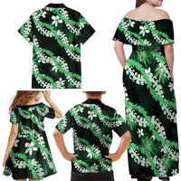 Puakenikeni Maile Lei Family Matching Off Shoulder Maxi Dress and Hawaiian Shirt Frangipani Green Tropical Leaves LT01 - Polynesian Pride