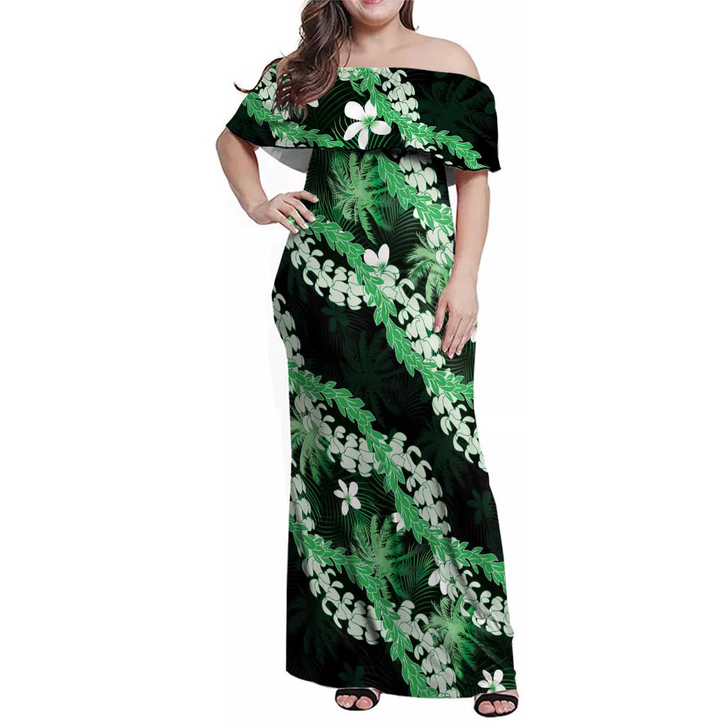 Puakenikeni Maile Lei Family Matching Off Shoulder Maxi Dress and Hawaiian Shirt Frangipani Green Tropical Leaves LT01 Mom's Dress Green - Polynesian Pride