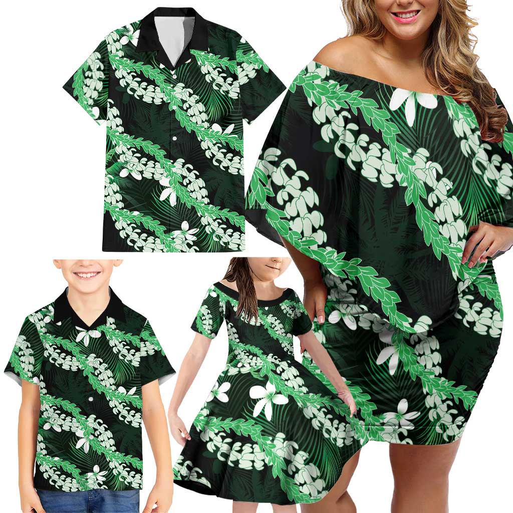 Puakenikeni Maile Lei Family Matching Off Shoulder Short Dress and Hawaiian Shirt Frangipani Green Tropical Leaves