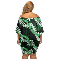 Puakenikeni Maile Lei Family Matching Off Shoulder Short Dress and Hawaiian Shirt Frangipani Green Tropical Leaves