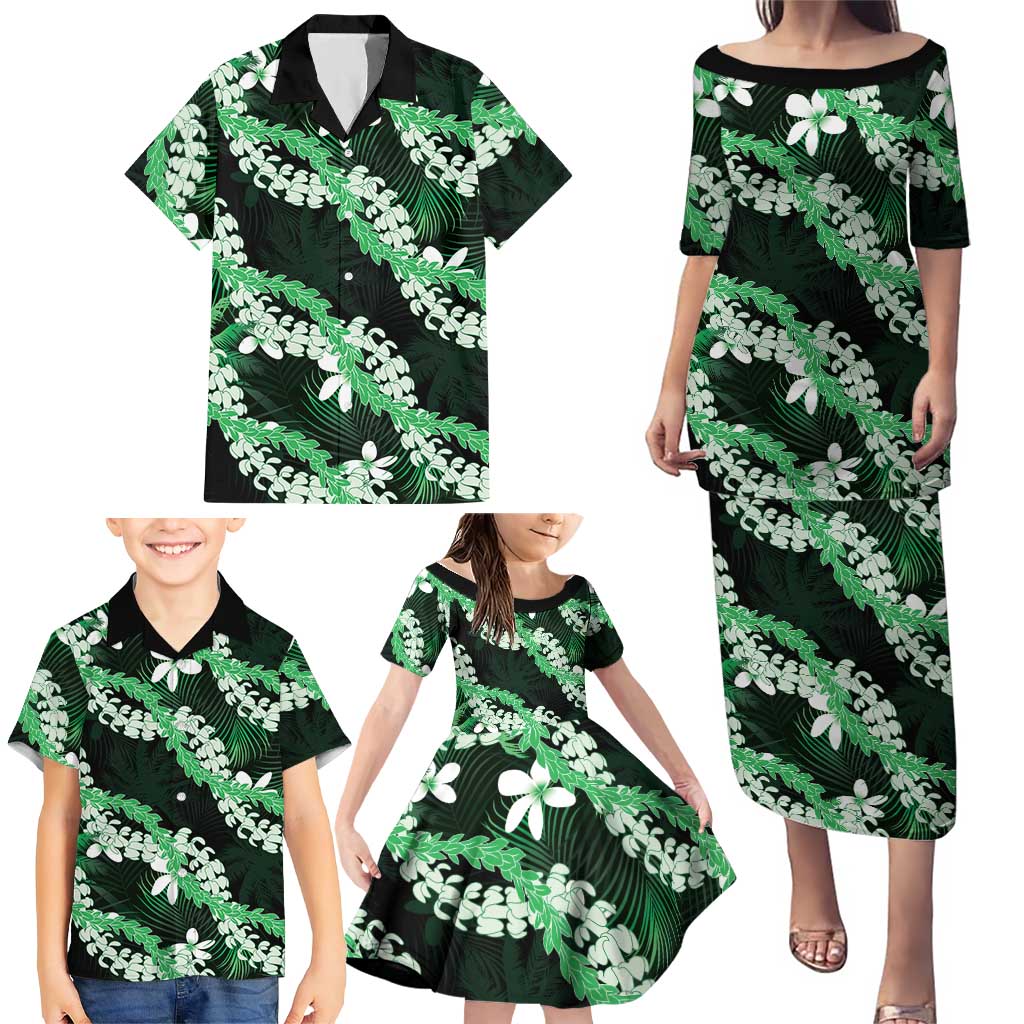 Puakenikeni Maile Lei Family Matching Puletasi and Hawaiian Shirt Frangipani Green Tropical Leaves LT01 - Polynesian Pride