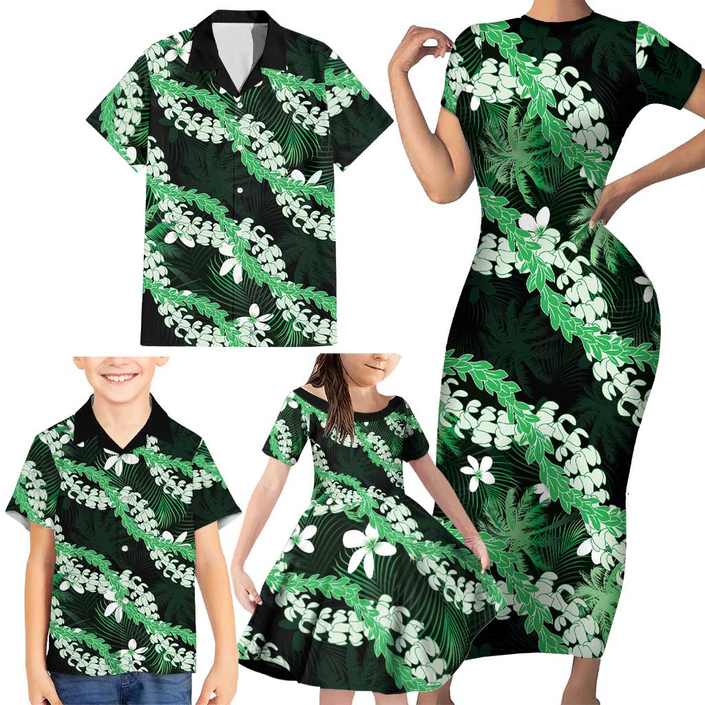 Puakenikeni Maile Lei Family Matching Short Sleeve Bodycon Dress and Hawaiian Shirt Frangipani Green Tropical Leaves