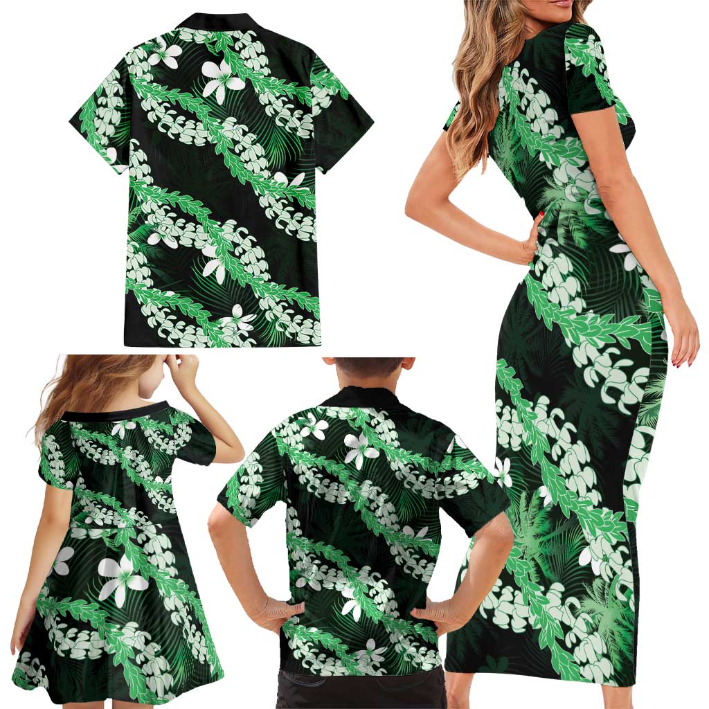 Puakenikeni Maile Lei Family Matching Short Sleeve Bodycon Dress and Hawaiian Shirt Frangipani Green Tropical Leaves
