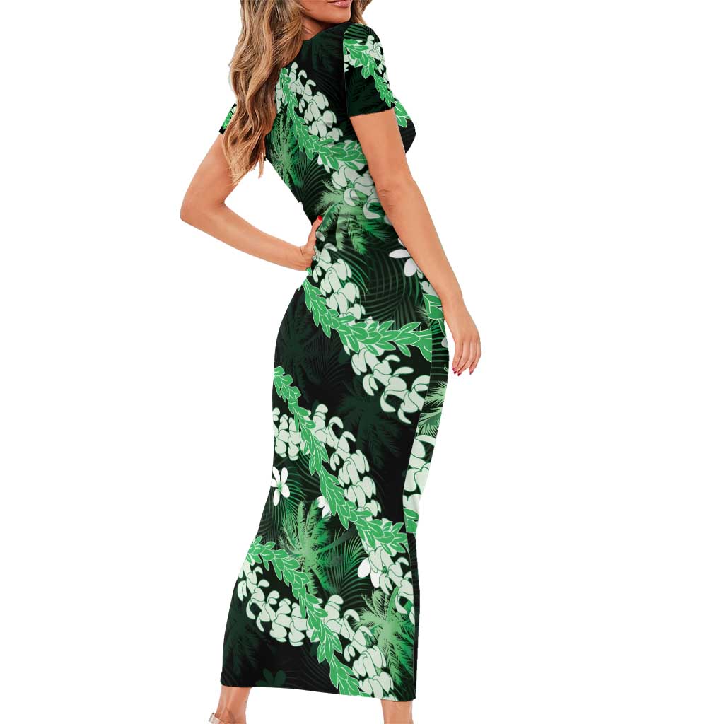 Puakenikeni Maile Lei Family Matching Short Sleeve Bodycon Dress and Hawaiian Shirt Frangipani Green Tropical Leaves