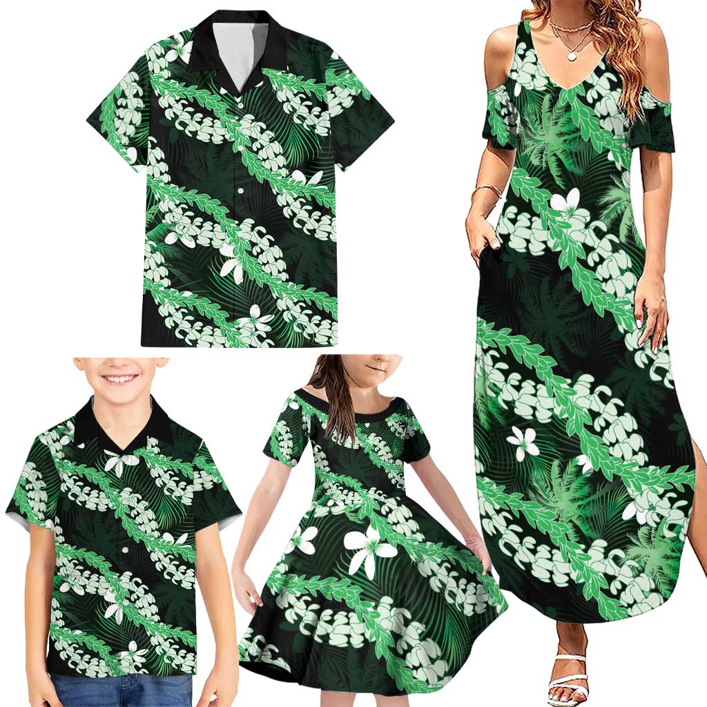 Puakenikeni Maile Lei Family Matching Summer Maxi Dress and Hawaiian Shirt Frangipani Green Tropical Leaves LT01 - Polynesian Pride