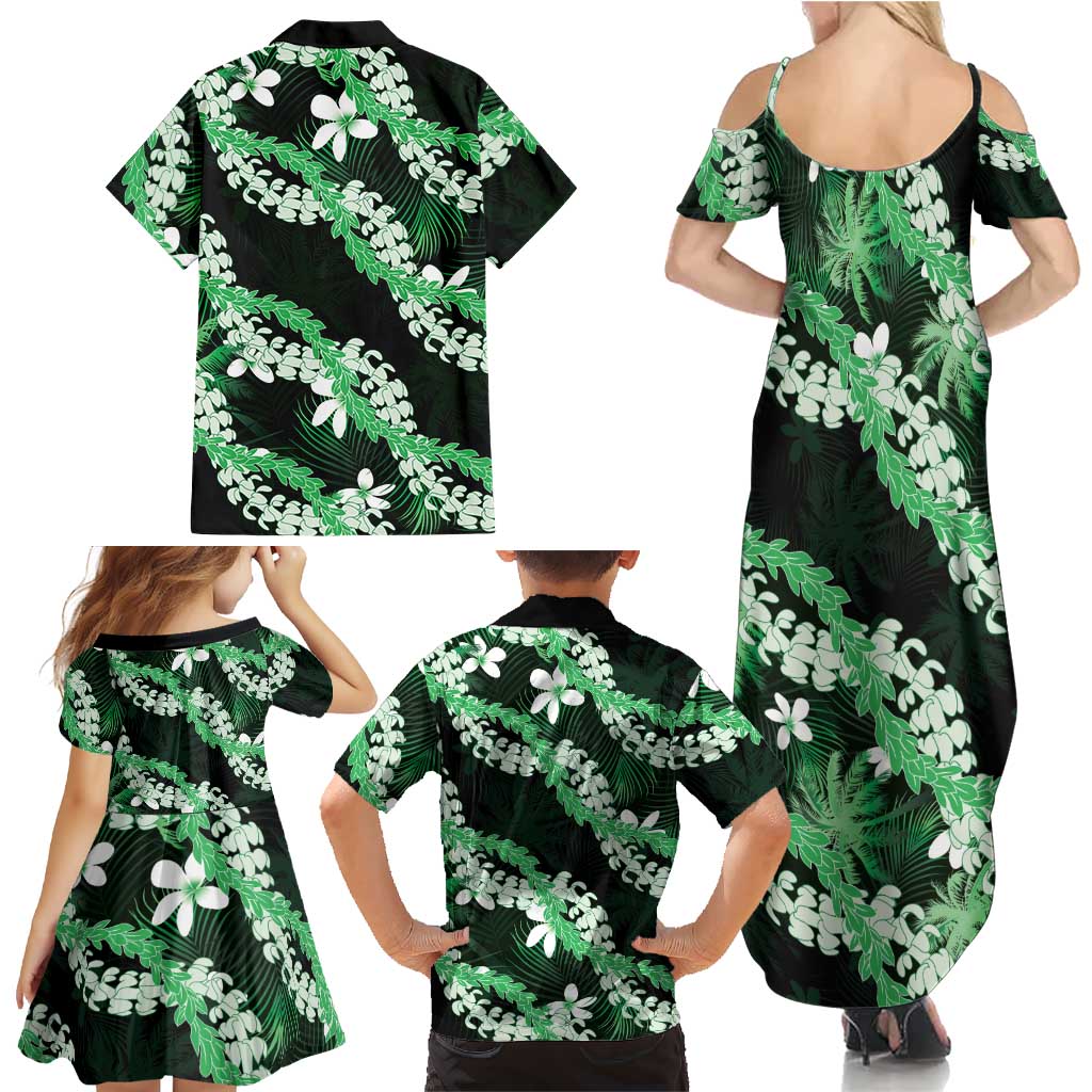 Puakenikeni Maile Lei Family Matching Summer Maxi Dress and Hawaiian Shirt Frangipani Green Tropical Leaves LT01 - Polynesian Pride