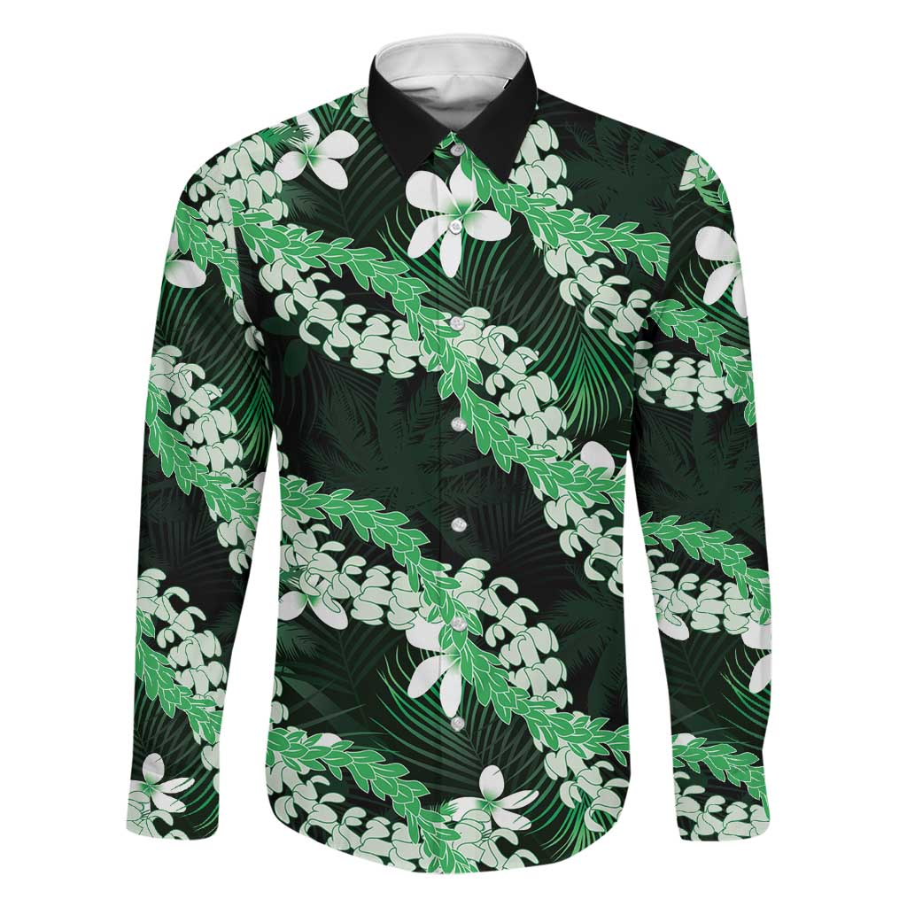 Puakenikeni Maile Lei Family Matching Summer Maxi Dress and Hawaiian Shirt Frangipani Green Tropical Leaves LT01 Dad's Shirt - Long Sleeve Green - Polynesian Pride
