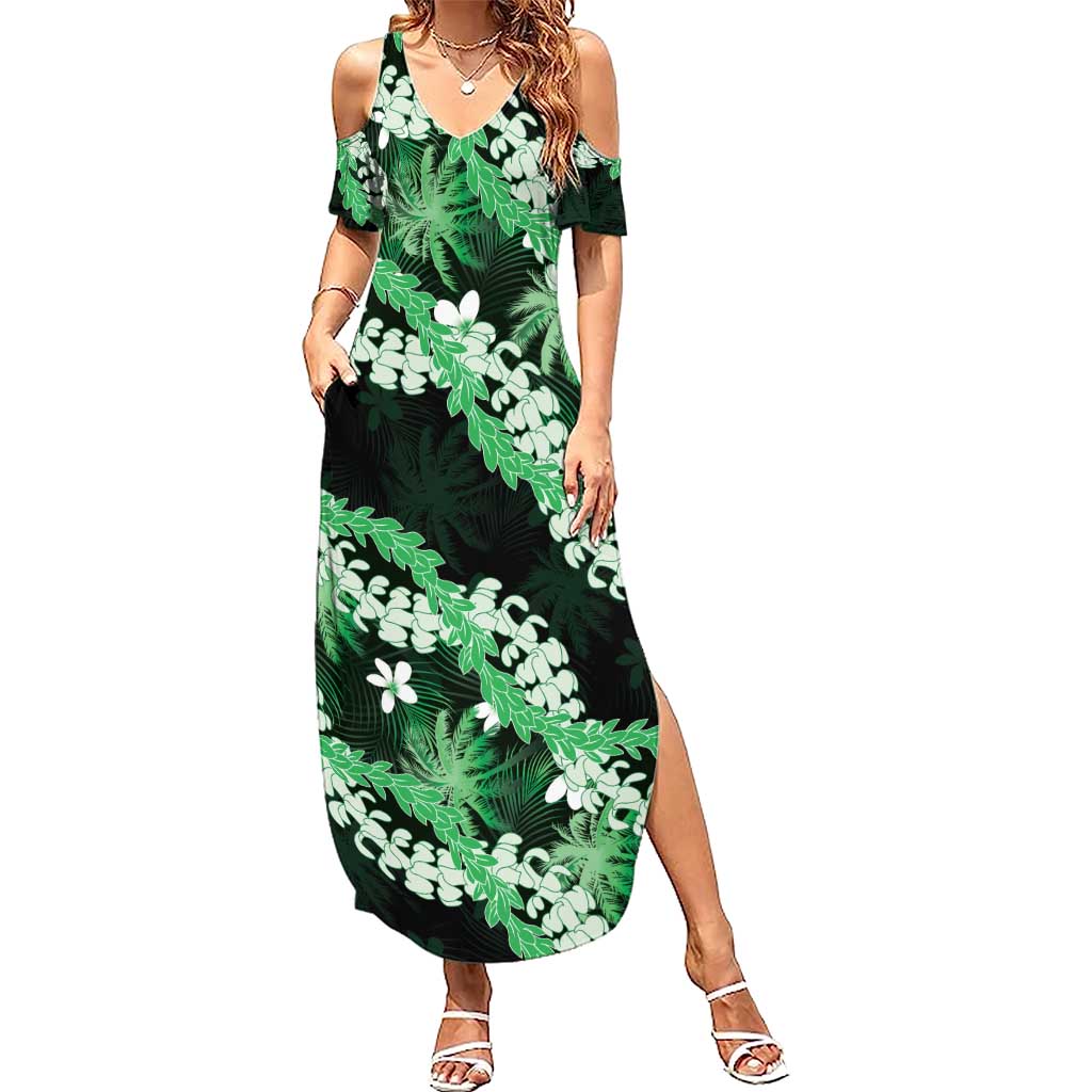 Puakenikeni Maile Lei Family Matching Summer Maxi Dress and Hawaiian Shirt Frangipani Green Tropical Leaves LT01 Mom's Dress Green - Polynesian Pride