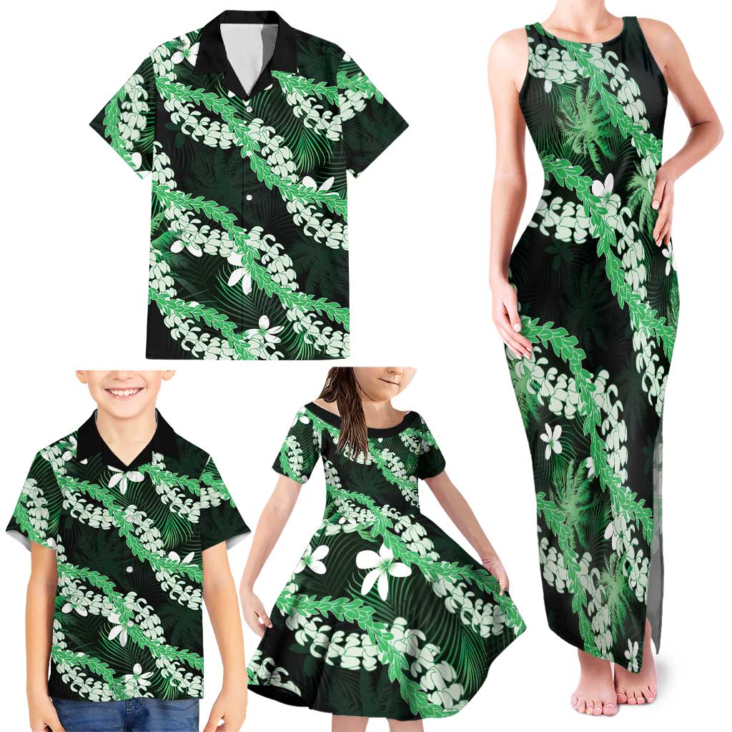 Puakenikeni Maile Lei Family Matching Tank Maxi Dress and Hawaiian Shirt Frangipani Green Tropical Leaves