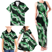 Puakenikeni Maile Lei Family Matching Tank Maxi Dress and Hawaiian Shirt Frangipani Green Tropical Leaves