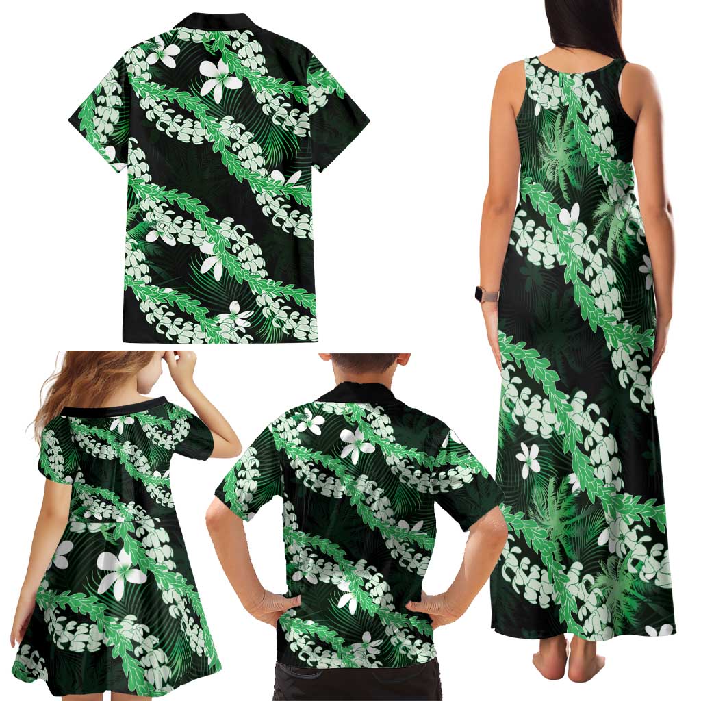 Puakenikeni Maile Lei Family Matching Tank Maxi Dress and Hawaiian Shirt Frangipani Green Tropical Leaves