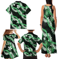 Puakenikeni Maile Lei Family Matching Tank Maxi Dress and Hawaiian Shirt Frangipani Green Tropical Leaves