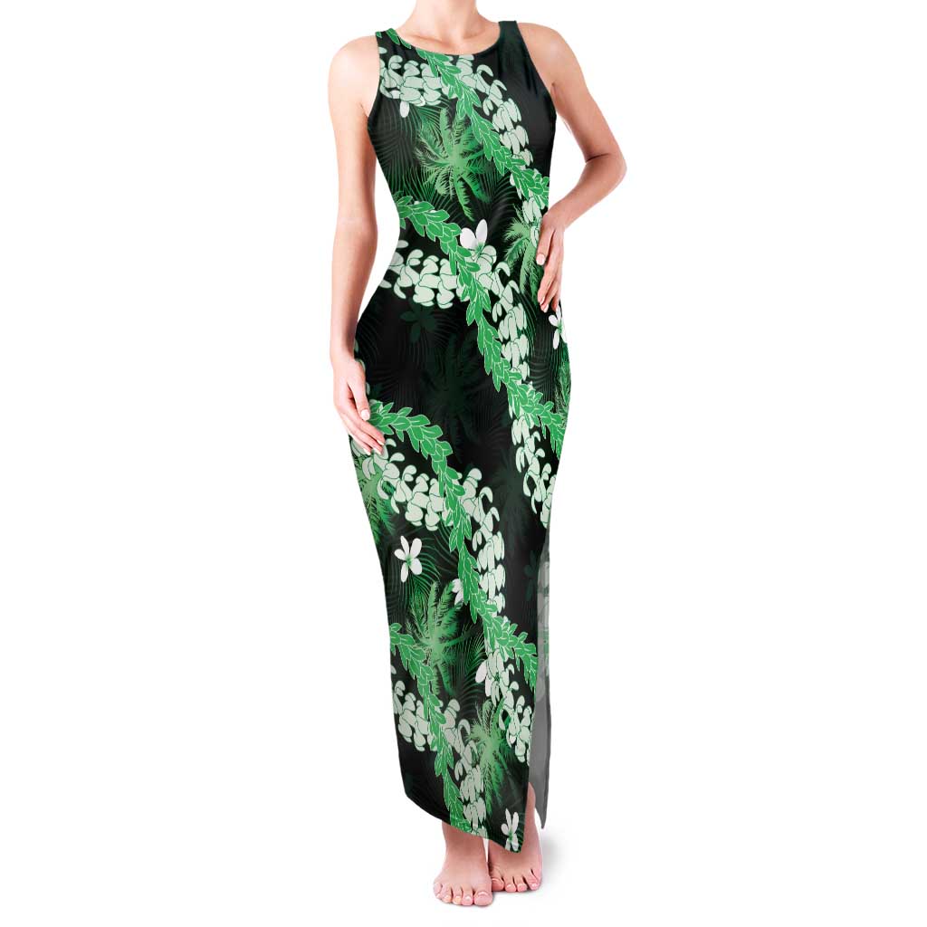 Puakenikeni Maile Lei Family Matching Tank Maxi Dress and Hawaiian Shirt Frangipani Green Tropical Leaves