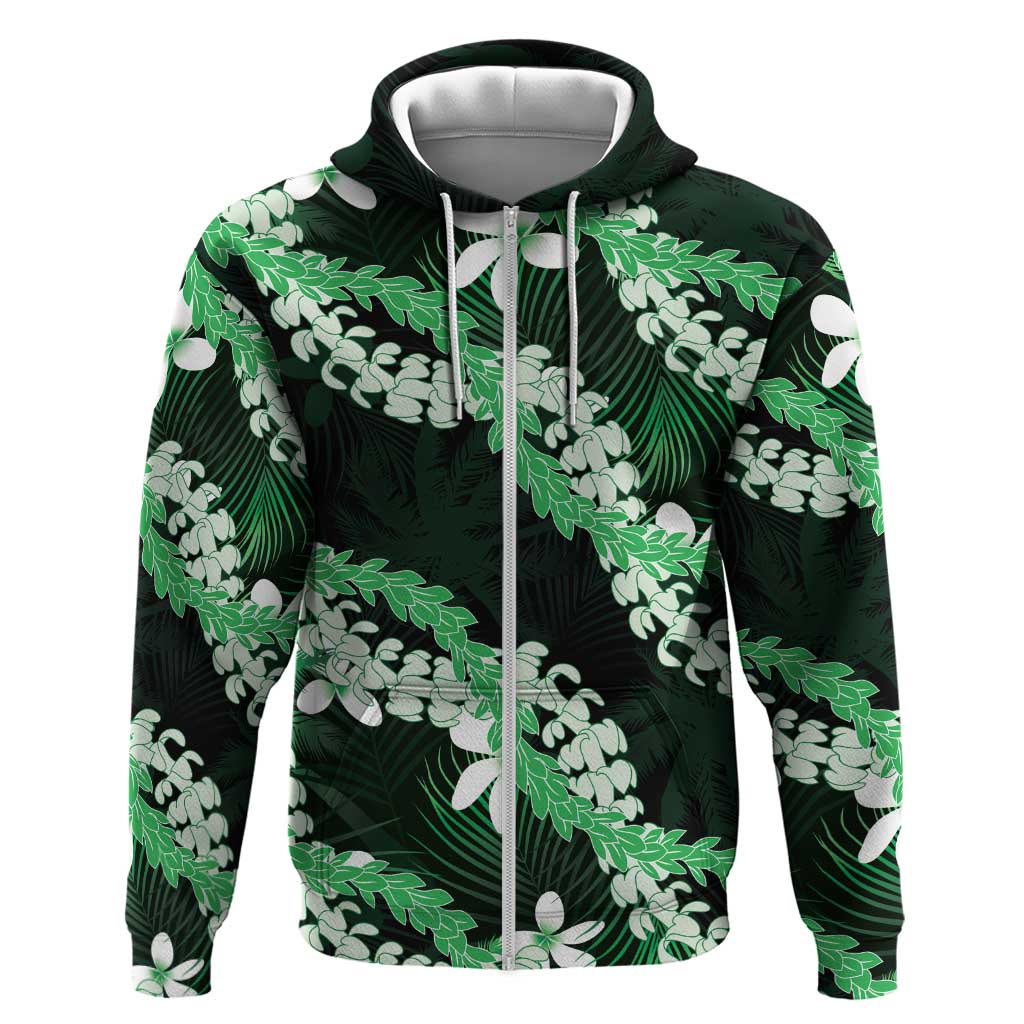 Puakenikeni Maile Lei Hoodie Frangipani Green Tropical Leaves LT01 Zip Hoodie Green - Polynesian Pride