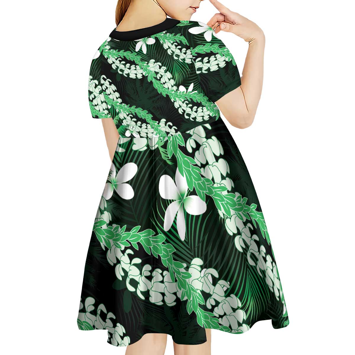 Puakenikeni Maile Lei Kid Short Sleeve Dress Frangipani Green Tropical Leaves