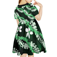 Puakenikeni Maile Lei Kid Short Sleeve Dress Frangipani Green Tropical Leaves
