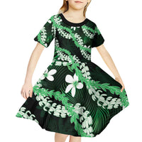 Puakenikeni Maile Lei Kid Short Sleeve Dress Frangipani Green Tropical Leaves