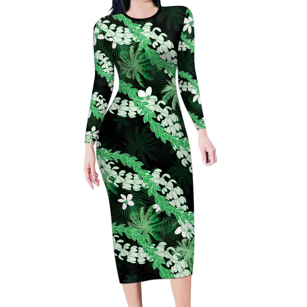 Puakenikeni Maile Lei Long Sleeve Bodycon Dress Frangipani Green Tropical Leaves LT01 Long Dress Green - Polynesian Pride