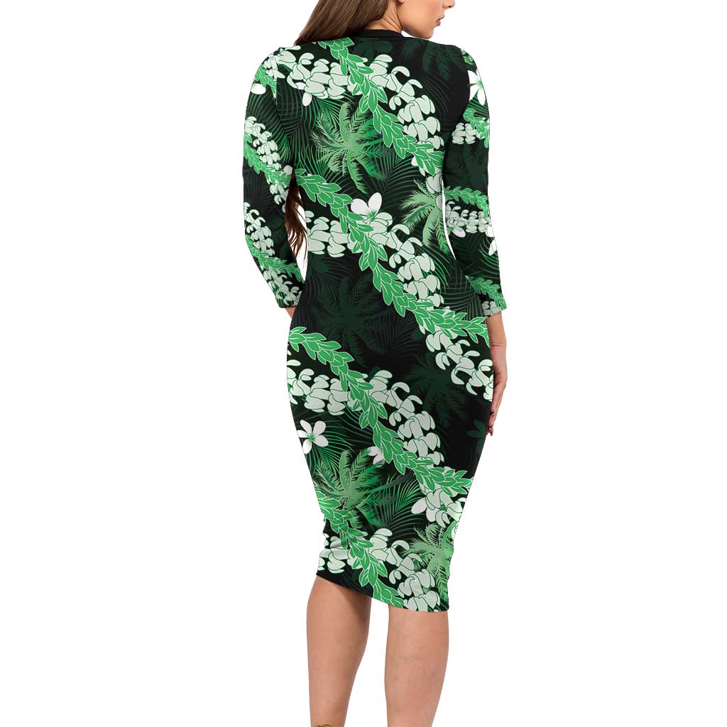 Puakenikeni Maile Lei Long Sleeve Bodycon Dress Frangipani Green Tropical Leaves LT01 - Polynesian Pride