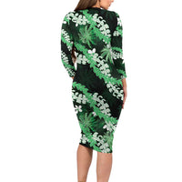 Puakenikeni Maile Lei Long Sleeve Bodycon Dress Frangipani Green Tropical Leaves LT01 - Polynesian Pride