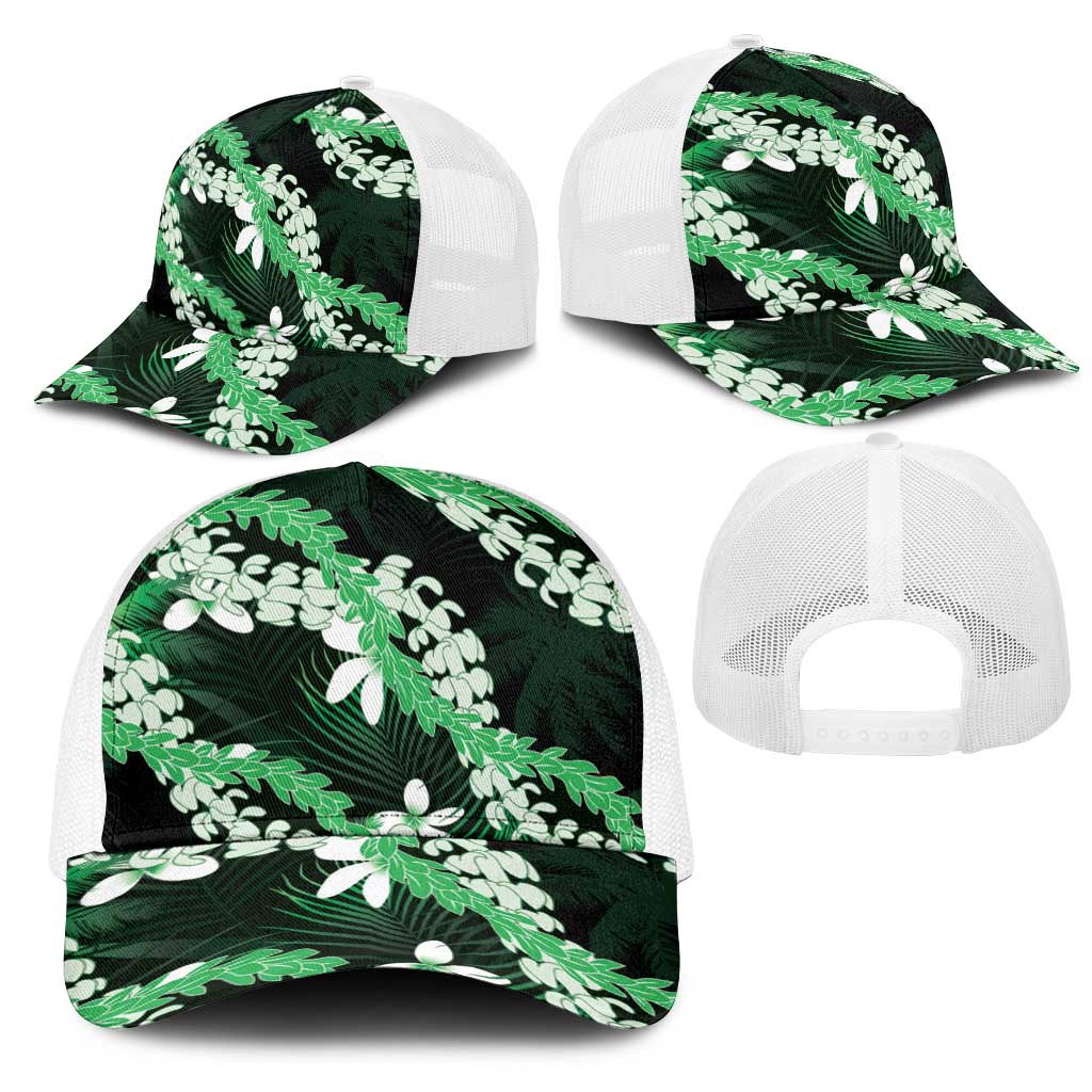 Puakenikeni Maile Lei Mesh Trucker Cap Frangipani Green Tropical Leaves