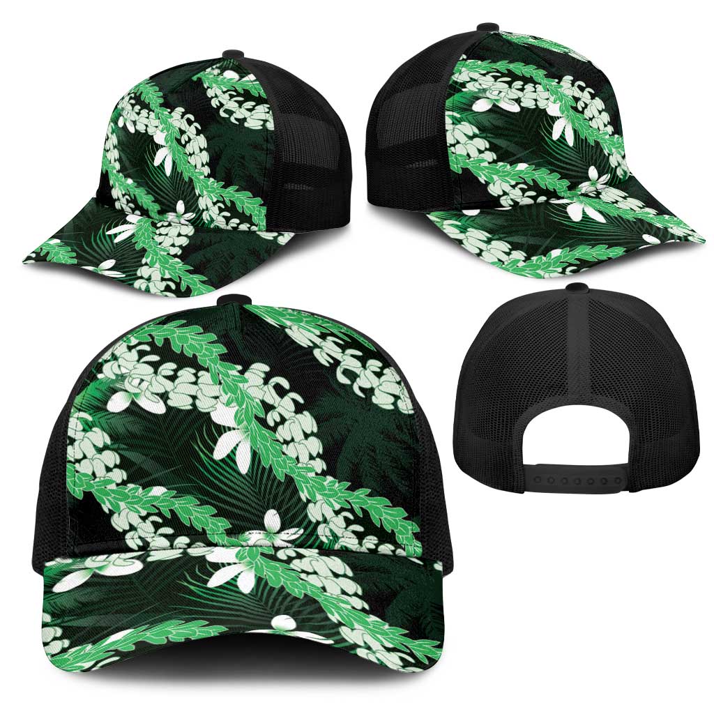 Puakenikeni Maile Lei Mesh Trucker Cap Frangipani Green Tropical Leaves