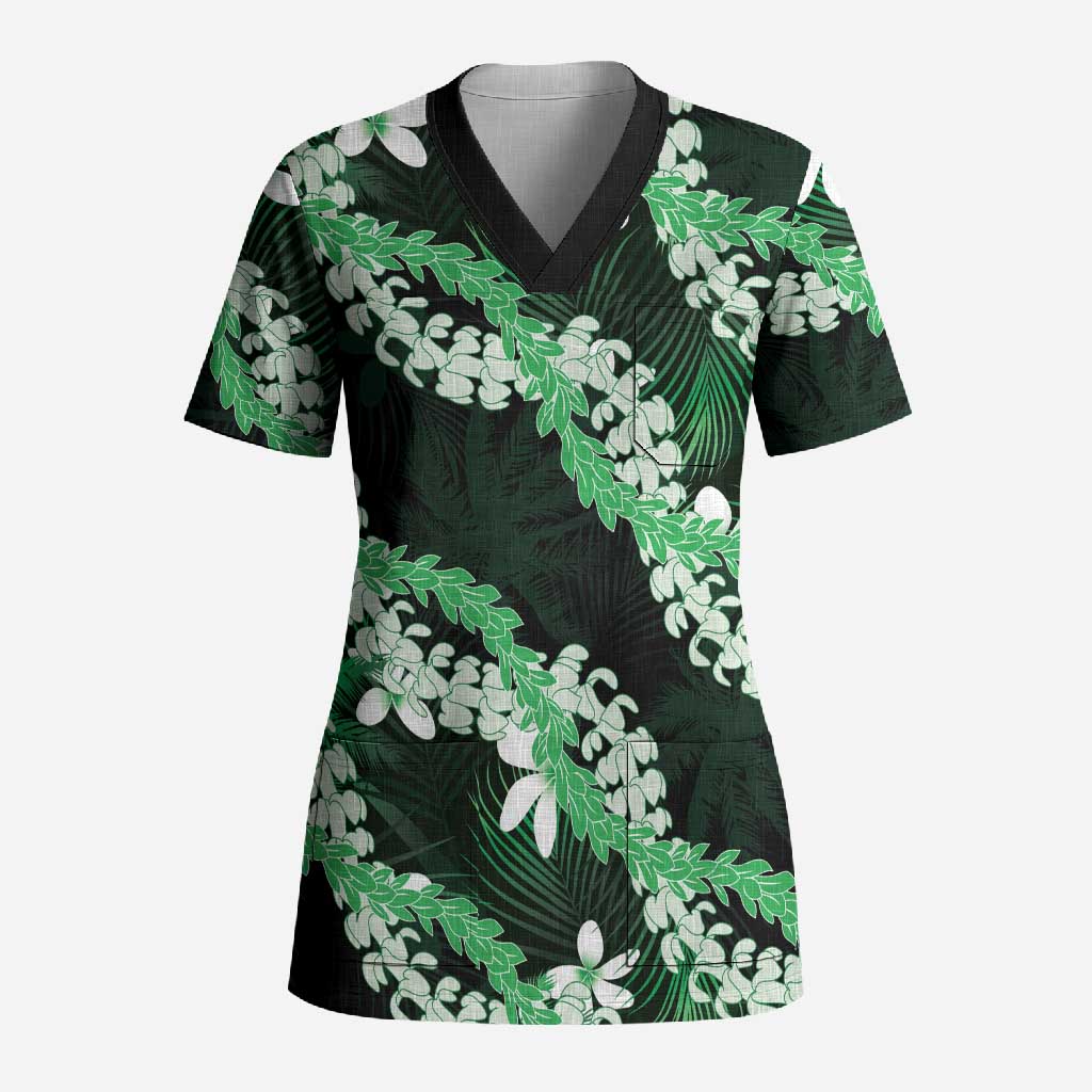 Puakenikeni Maile Lei Scrub Top Frangipani Green Tropical Leaves