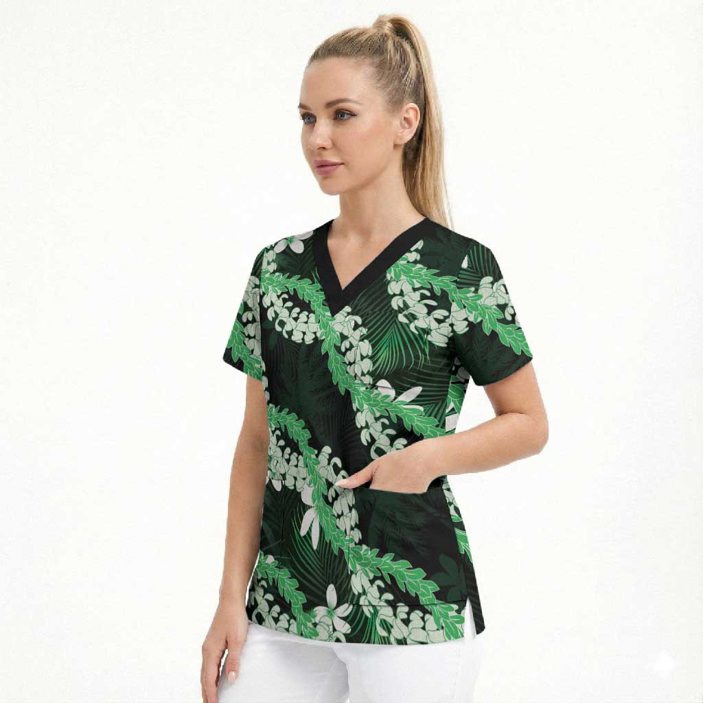 Puakenikeni Maile Lei Scrub Top Frangipani Green Tropical Leaves
