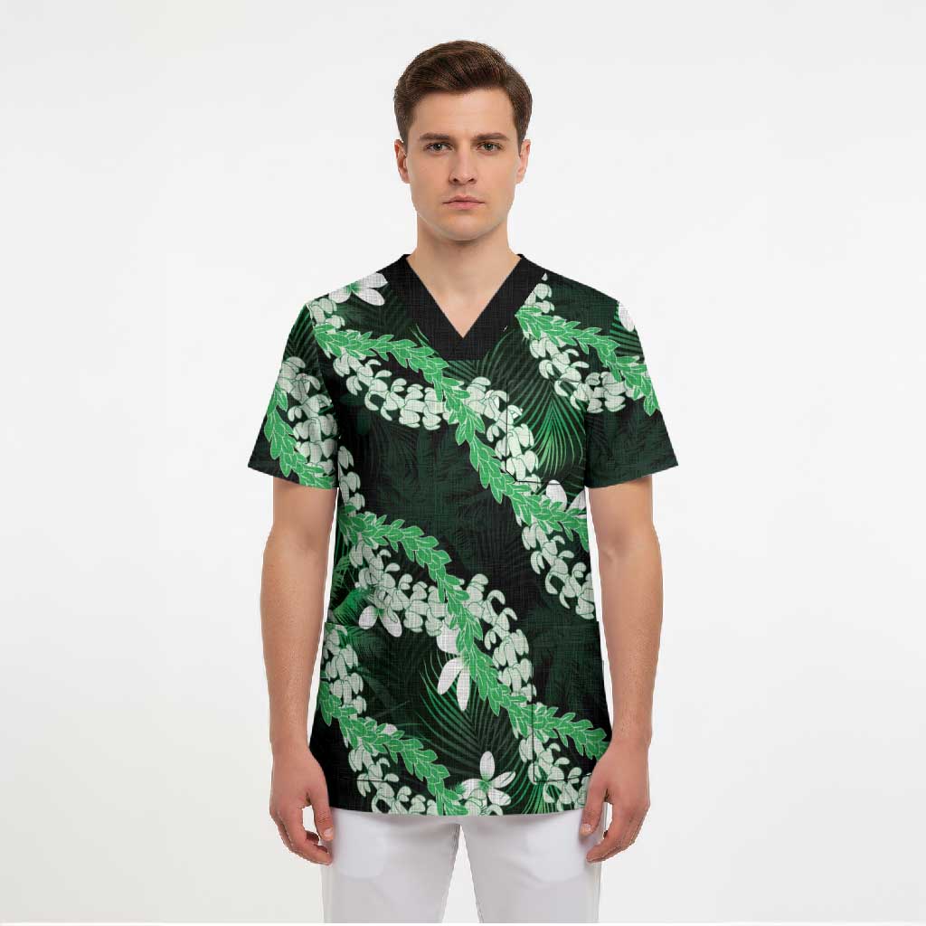 Puakenikeni Maile Lei Scrub Top Frangipani Green Tropical Leaves