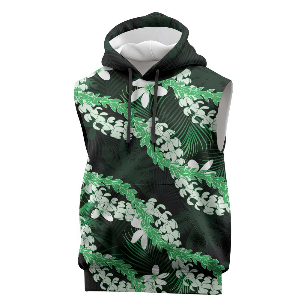 Puakenikeni Maile Lei Sleeveless Hoodie Frangipani Green Tropical Leaves