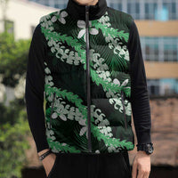 Puakenikeni Maile Lei Sleeveless Puffer Jacket Frangipani Green Tropical Leaves