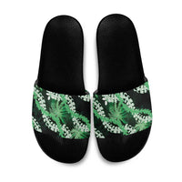 Puakenikeni Maile Lei Slide Sandals Frangipani Green Tropical Leaves