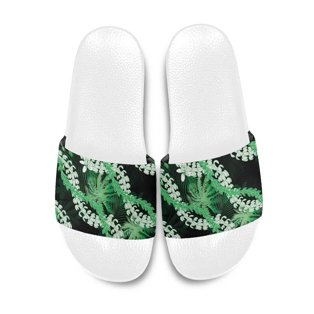 Puakenikeni Maile Lei Slide Sandals Frangipani Green Tropical Leaves