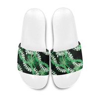 Puakenikeni Maile Lei Slide Sandals Frangipani Green Tropical Leaves