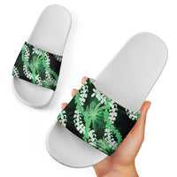 Puakenikeni Maile Lei Slide Sandals Frangipani Green Tropical Leaves