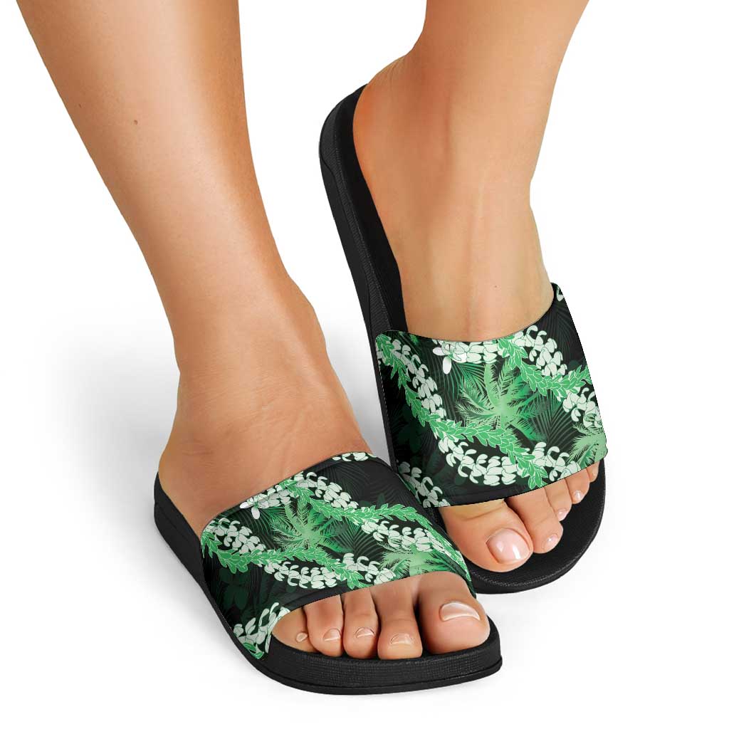 Puakenikeni Maile Lei Slide Sandals Frangipani Green Tropical Leaves
