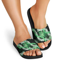 Puakenikeni Maile Lei Slide Sandals Frangipani Green Tropical Leaves