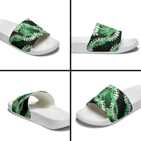 Puakenikeni Maile Lei Slide Sandals Frangipani Green Tropical Leaves