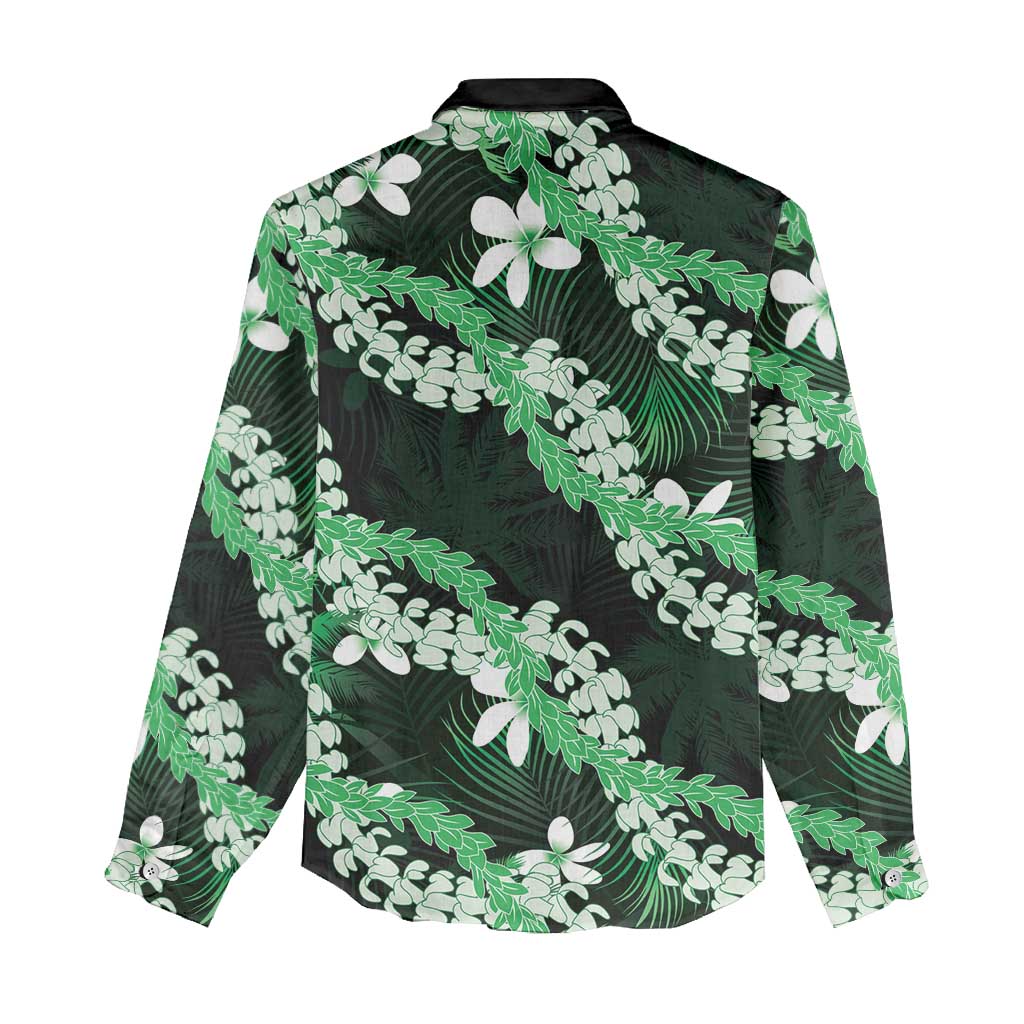 Puakenikeni Maile Lei Women Casual Shirt Frangipani Green Tropical Leaves