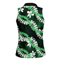 Puakenikeni Maile Lei Women Sleeveless Polo Shirt Frangipani Green Tropical Leaves
