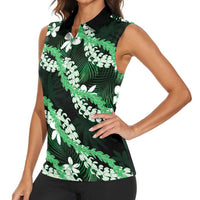 Puakenikeni Maile Lei Women Sleeveless Polo Shirt Frangipani Green Tropical Leaves