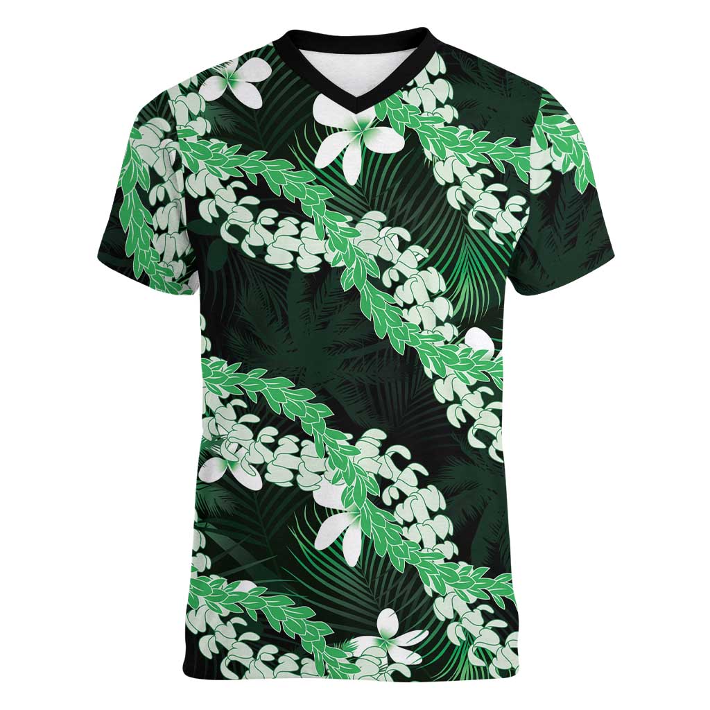 Puakenikeni Maile Lei Women V-Neck T-Shirt Frangipani Green Tropical Leaves LT01 Female Green - Polynesian Pride
