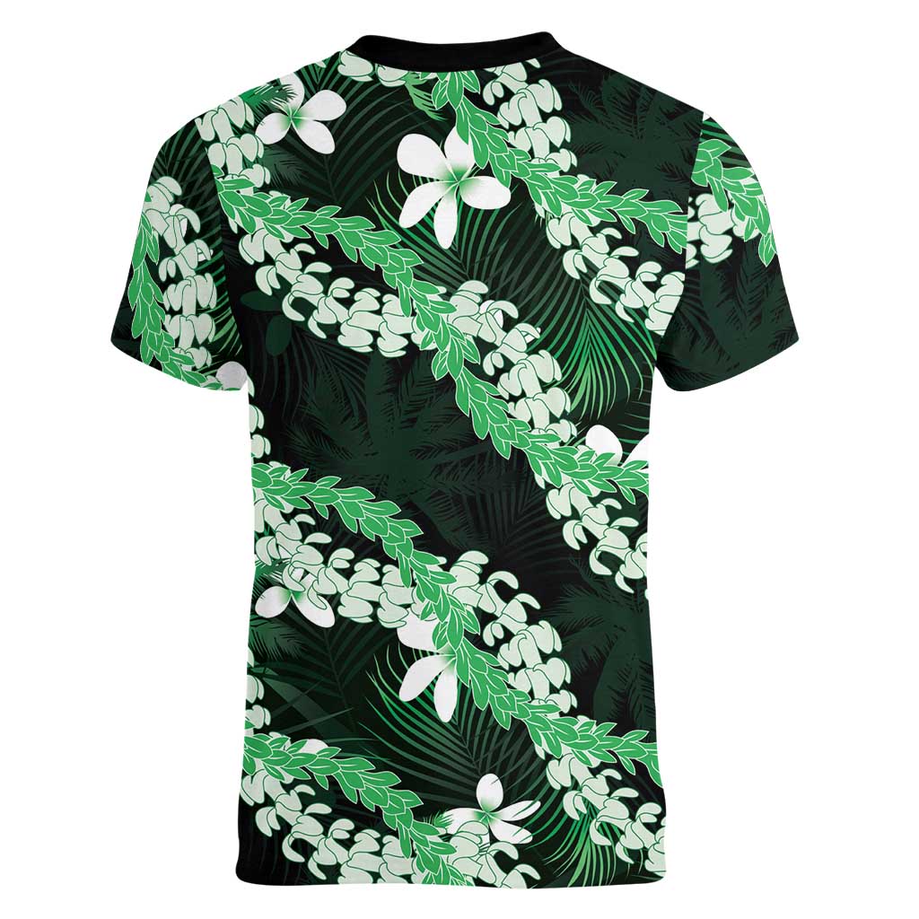 Puakenikeni Maile Lei Women V-Neck T-Shirt Frangipani Green Tropical Leaves LT01 - Polynesian Pride