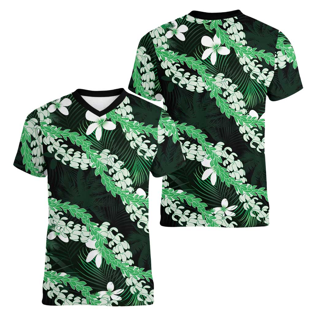 Puakenikeni Maile Lei Women V-Neck T-Shirt Frangipani Green Tropical Leaves LT01 - Polynesian Pride