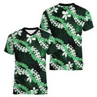 Puakenikeni Maile Lei Women V-Neck T-Shirt Frangipani Green Tropical Leaves LT01 - Polynesian Pride