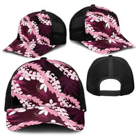 Puakenikeni Maile Lei Baseball Net Cap Frangipani Pink Tropical Leaves