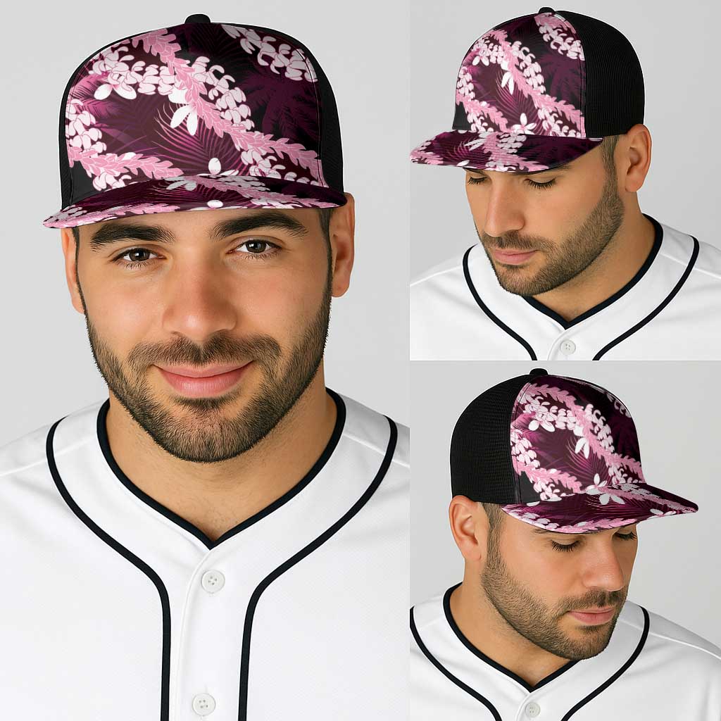 Puakenikeni Maile Lei Baseball Net Cap Frangipani Pink Tropical Leaves