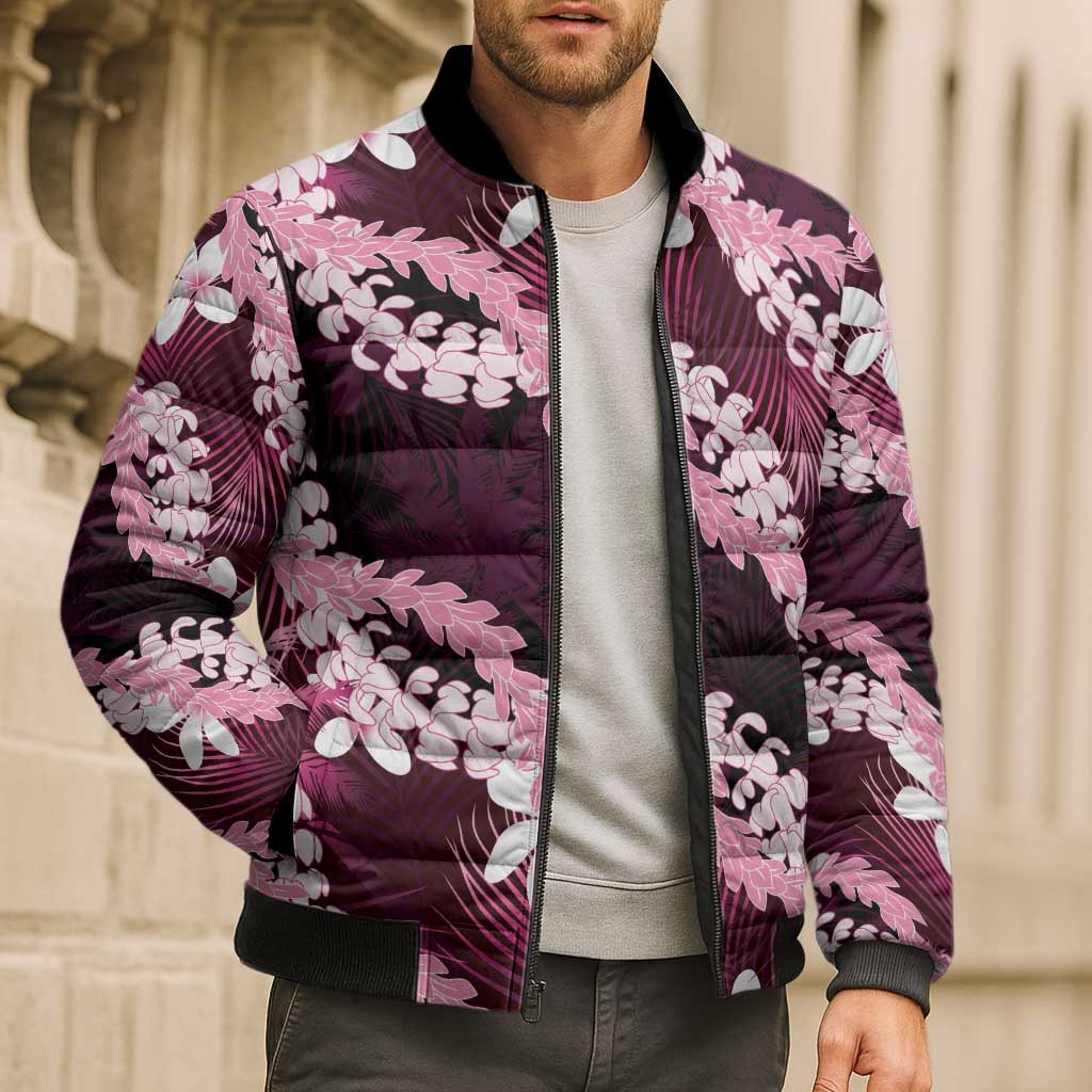 Puakenikeni Maile Lei Bomber Puffer Jacket Frangipani Pink Tropical Leaves LT01 - Polynesian Pride