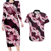 Puakenikeni Maile Lei Couples Matching Long Sleeve Bodycon Dress and Hawaiian Shirt Frangipani Pink Tropical Leaves